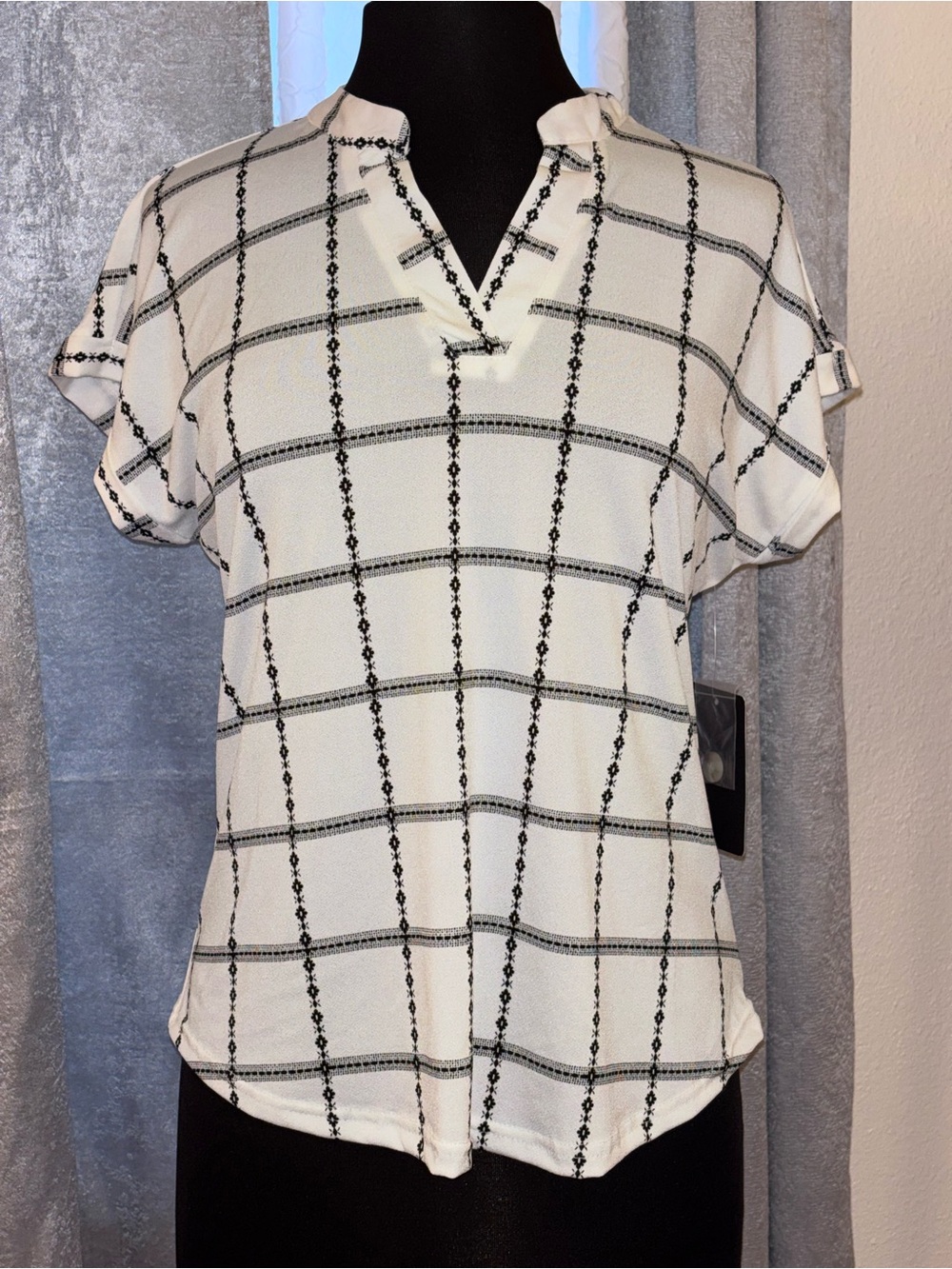 White and Black Windowpane Split-V Neck Short Sleeve Top